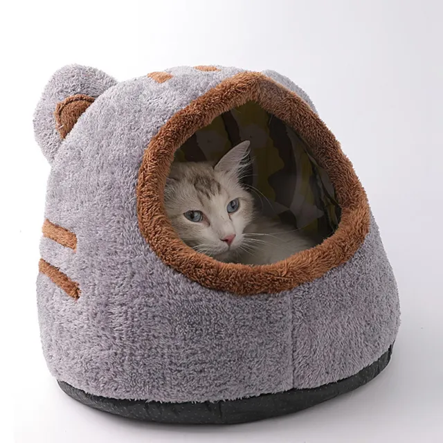 Cat Bed Cave Round Plush Fluffy Hooded Cat Bed Self Warming Pet Puppy Kitten Bed