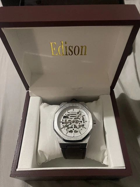 Mens Edison Roadster Automatic Watch Silver Colour Hexagon Case Brown Leather