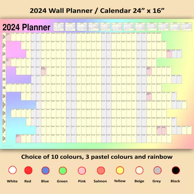 2024 Year Wall Planner Calendar 24" x 16" Choice of 14 Colours (rolled/folded)