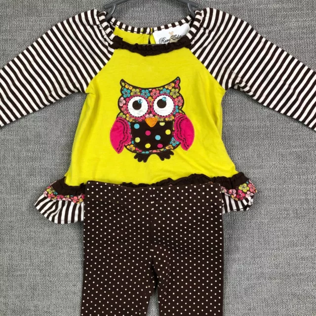 Rare Editions Outfit Girls 6M Months Brown Yellow Striped Polka Dots Owls Ruffle 2