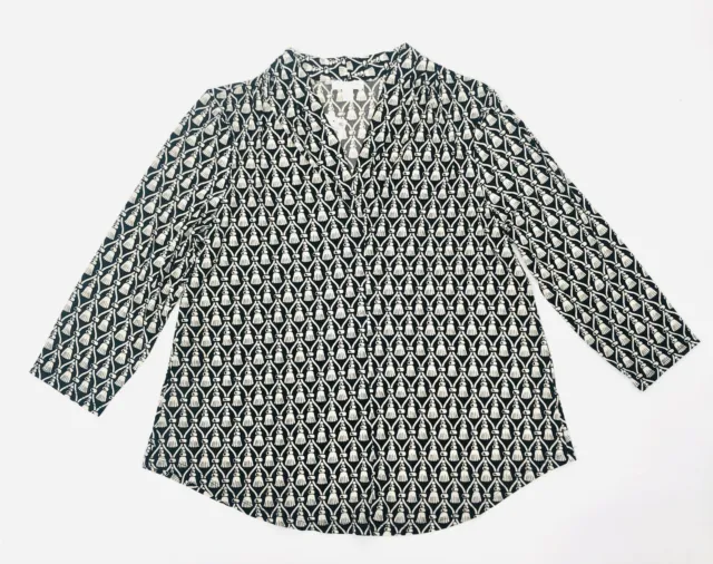 Charter Club Women's Printed V-Neck Top 3/4 Sleeve Blouse Deep Black Size L