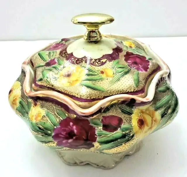 Antique Beautiful Tureen With Lid Red And Yellow Cabbage Roses Heavy Gold Gilt 2