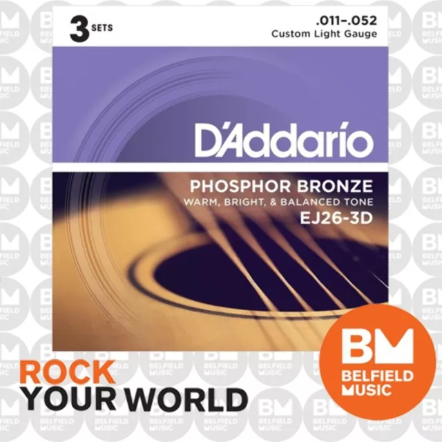 3 Pack D'Addario EJ26 Acoustic Guitar Strings Phosphor Bronze 11-52 Custom Light