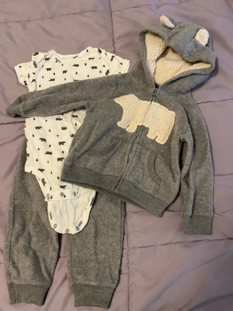 Carters baby boy 18 mos months 3-piece set outfit fleece hooded jacket bear EUC
