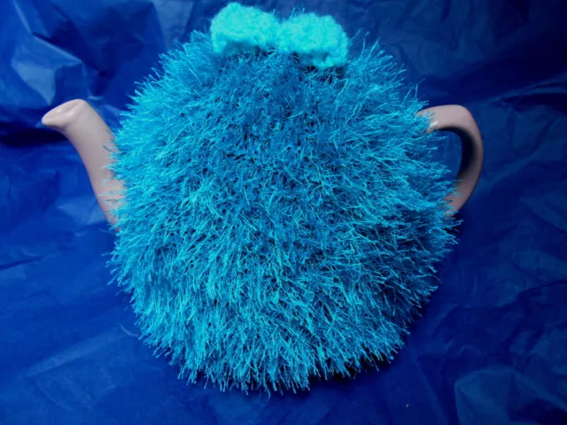 Funky fluffy tea cosy hand knitted in Wales TURQUOISE please see size guide