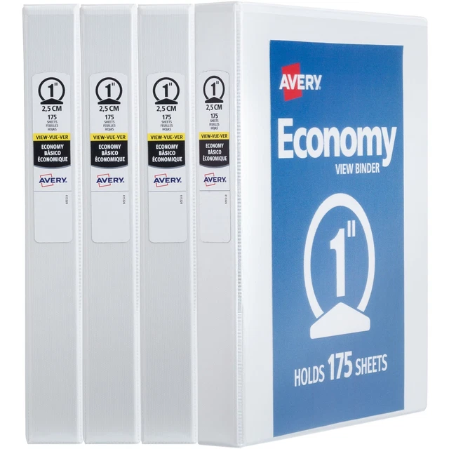 Avery Economy Round-Ring View Binders, 1" Rings, 40% Recycled, White, 4PK