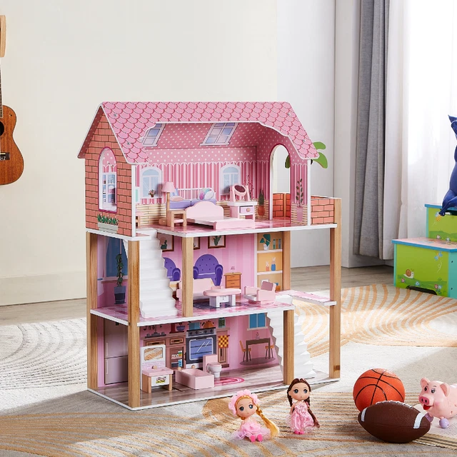 WOODEN KIDS 3 Storey Doll House With Furniture Accessories Mansion
