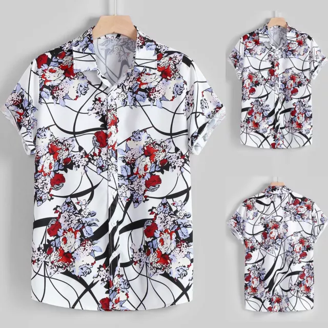 Mens Summer Fashion Casual Lapel Pattern Print Short Sleeve Shirt Top Blouse