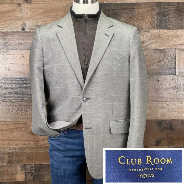 Club Room Sport Coat Blazer Suit Jacket Casual Two Button Olive Green Check 42R