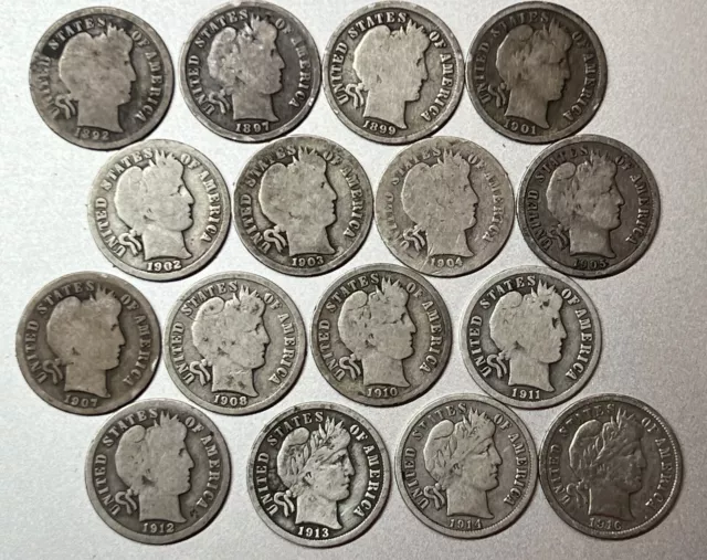 16 Different Barber Silver Dimes 1892 to 1916 no duplicates all readable dates