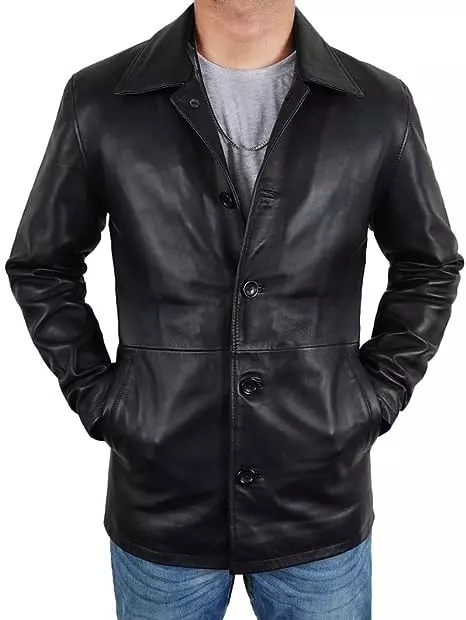 Mens Classic Winter Leather Car Coat  - Black Real Lambskin Long Jacket