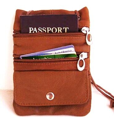Brown Passport Men Lady Leather ID Card Holder Neck Strap Travel Bag String Bag
