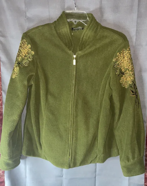 BOB MACKIE Womens Size M Wearable Art Green Fleece Embroidered Zip Front Jacket