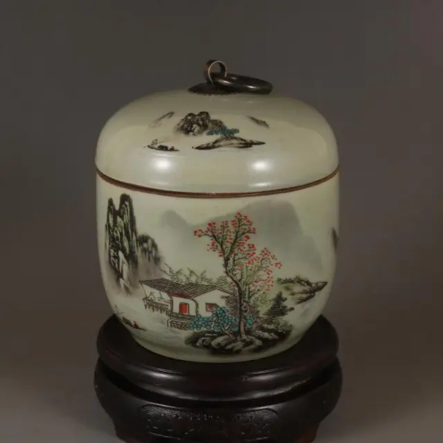 Chinese Famille Rose Porcelain Jar Landscape Pattern Pot Tea Caddy 4.72 inch