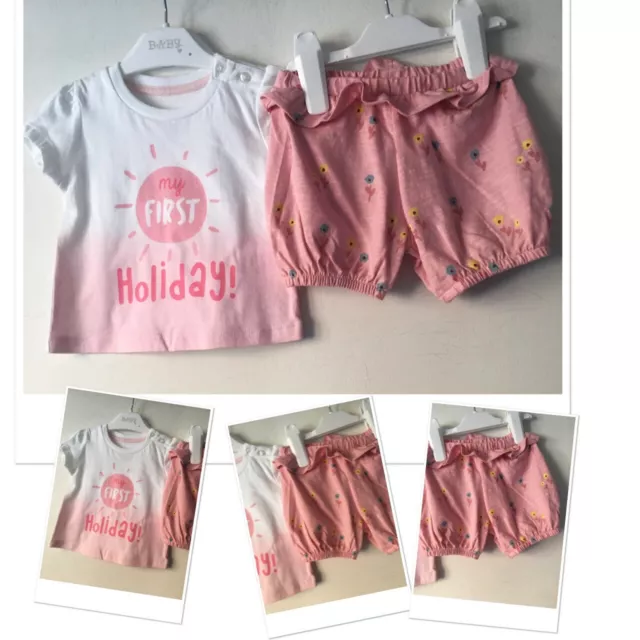 Matalan Baby Girls my first holiday top exc u  & George new floral shorts 0-3