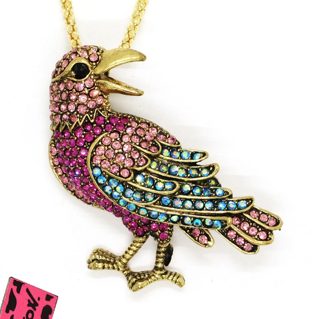 New Betsey Johnson Rose Red Rhinestone Cute Bird Crystal Pendant Chain Necklace