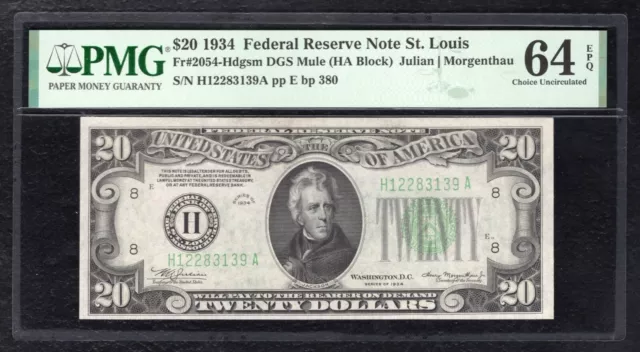 FR. 2054-Hdgsm 1934 $20 FRN FEDERAL RESERVE NOTE ST. LOUIS, MO PMG UNC-64EPQ (B)