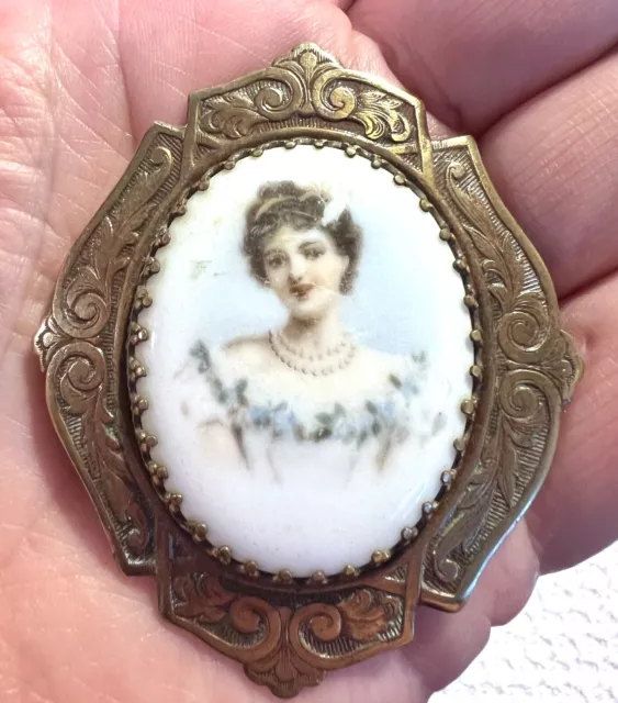 Victorian Antique Cameo Portrait of Woman Lady Hand Painted Pin Brooch 2.25”