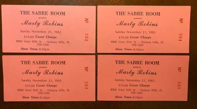 MARTY ROBBINS FINAL SHOW 11/21/1982 - 4 TICKETS. Unmarked, great shape.