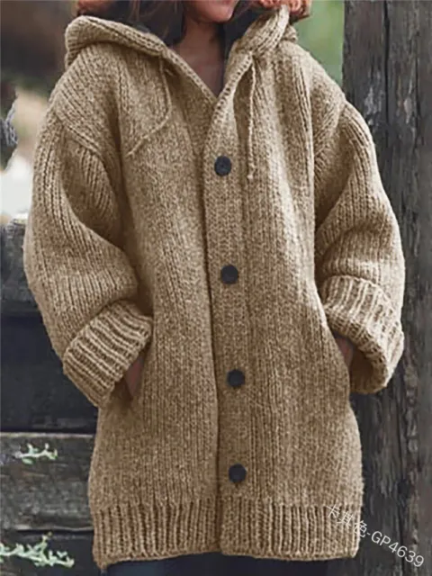 Women Long Sleeve Chunky Knit Sweater Hooded Cardigan Jacket Thick Overcoats