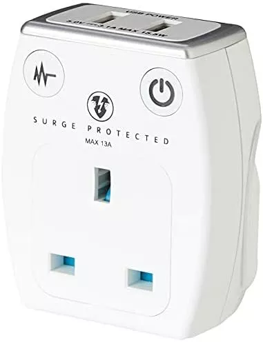 Masterplug Single Socket Surge Protected Power Adaptor With Two USB Charging Po