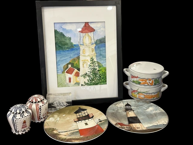 Ocean Coast Beach Lighthouse Lot Plates Sign Painting Salt Pepper Shaker