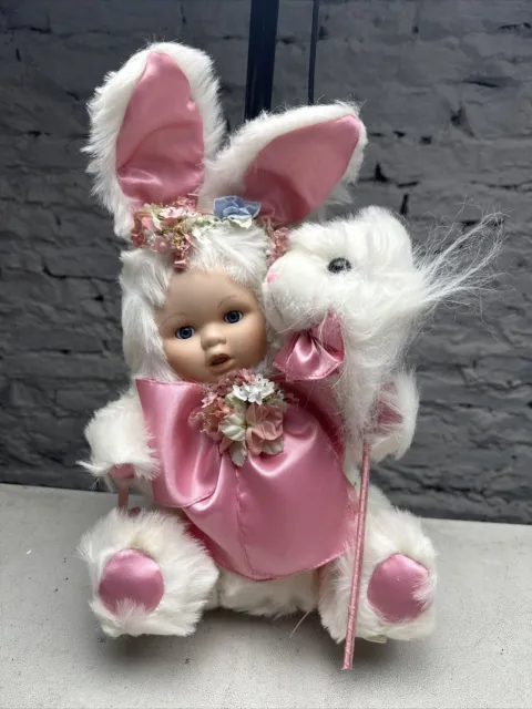 Easter  Bunny Porcelain Baby Face Bunny  Doll With Her Ride On Toy  17”  Vintage