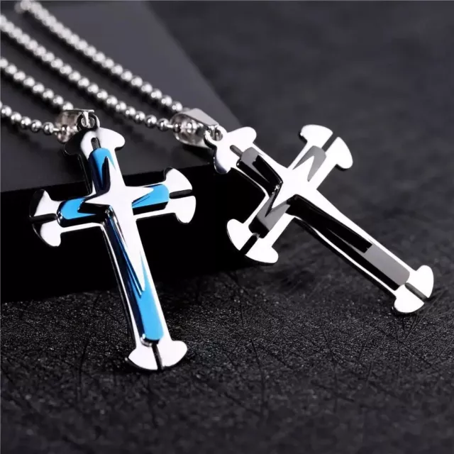 Vintage Men's Split Three Layer Cross Blue Pendant Stainless Steel Necklace