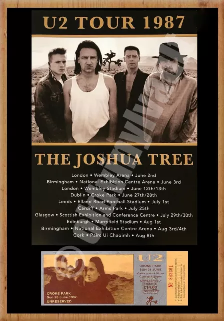 U2 Joshua Tree Tour 1987 Affiche Avec Ticket A4-A3-A2 Tailles