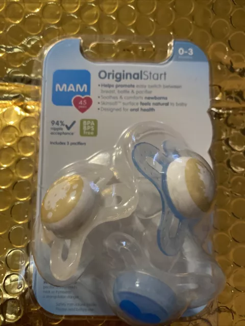 NEW MAM 0-3 Infant Pacifier Set, 3 PACK, Blue Heart, Bunny & Porcupine