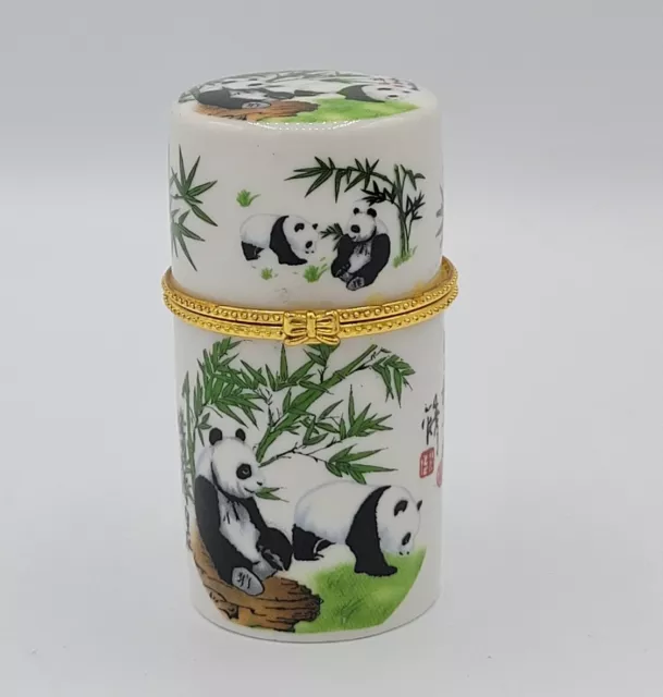 Chinese Porcelain Lucky Bamboo Panda Toothpick Holder Jewelry TRINKET HINGED BOX