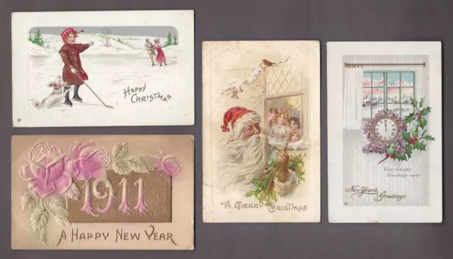 Christmas & New Year Lot Of 4 Embossed Vintage Antique Postcards Circa 1910-1912