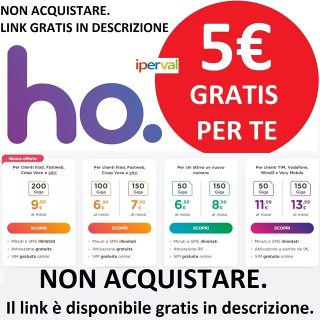 Ho.Mobile Ricarica 5 euro GRATIS LEGGI DESCRIZIONE Iliad Poste Wind Tim Vodafone