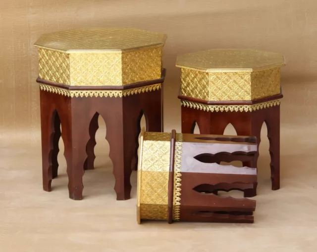 Wooden Nesting Table Set: Brass Fitted Indien Traditional Handmade Coffee Ends 2