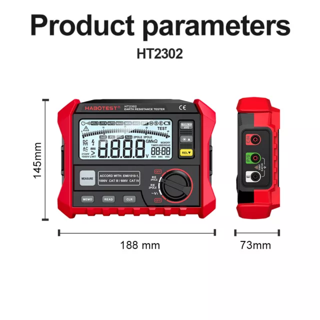 HABOTEST Earth Ground Resistance Tester HT2302 Digital with LCD Backlight 2