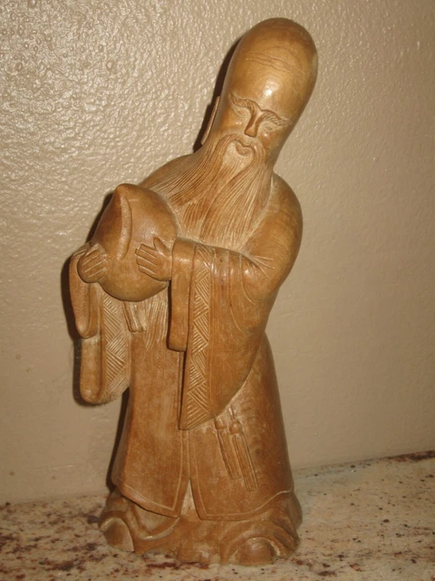 Vintage 9" Chinese Hand Carved Wood- Shou Lao God of Longevity Shou Xing- Peach