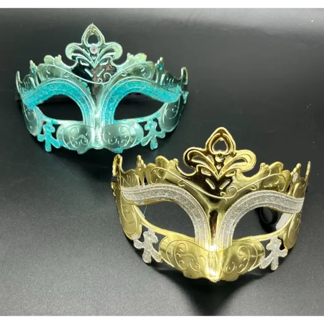 LOT of 2 Masquerade Masks Mardi Gras Carnival Teal & Gold sparkle eye mask adult