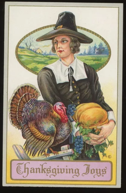 Thanksgiving Embossed Unused Postcard Handsome Pilgrim with Pumpkin and Turkey