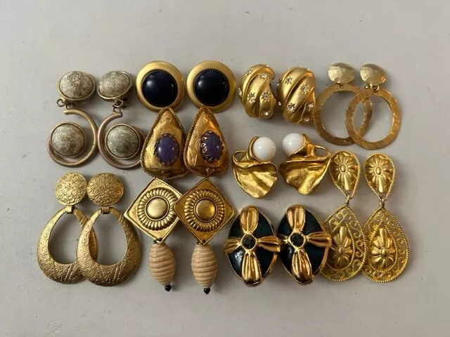 Lot of 10 Matte Gold Tone Clip Earrings - Rustic Cabochon, Hoop Dangles, Vintage