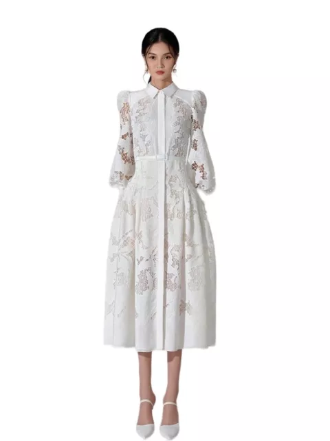 Self Portrait Ladies Maxi Embroidered Collared Puff Sleeve Belted Shirt Dress