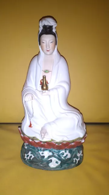 CHINESE PORCELAIN GUANYIN (Goddess of mercy) STATUE sitting on LOTUS FLOWER