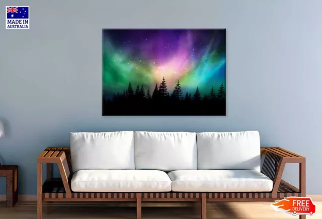 Multicolored Northern Lights Forest Nature Stretched Canvas 90x60cm Print