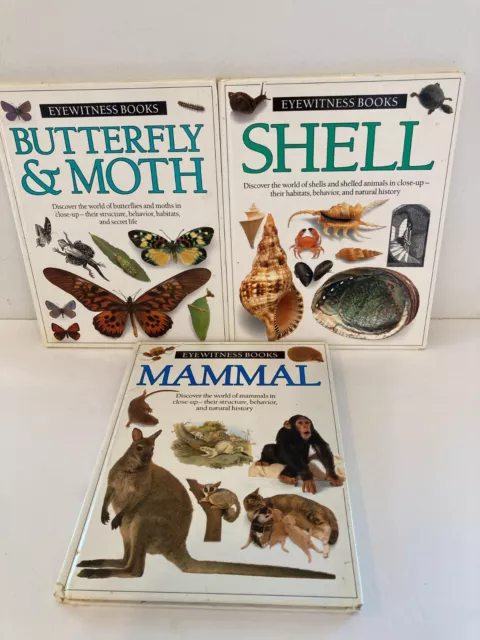 Lot of 3 Eyewitness Books-Mammal, Shell, Butterfly & Moth Alfred A Knopf HB 1989