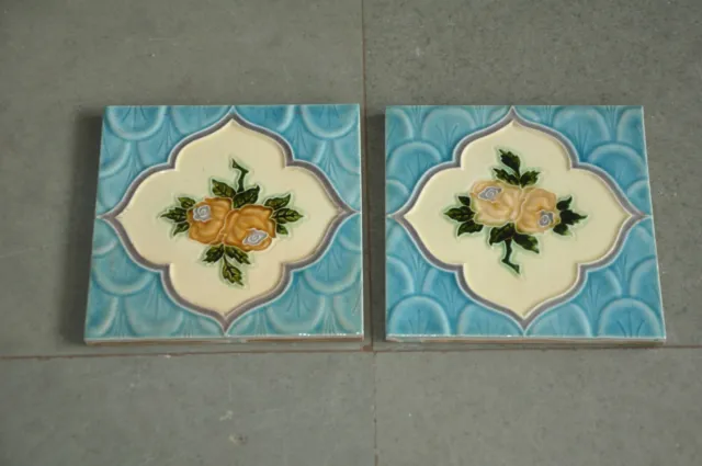 2 Pc Vintage Rose Flower Embossed Art Nouveau Architecture Tiles,Japan 3
