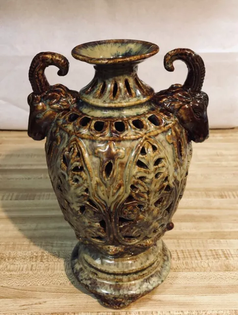 Ceramic Art glazed brown/green Urn/Vase with animal ram holders