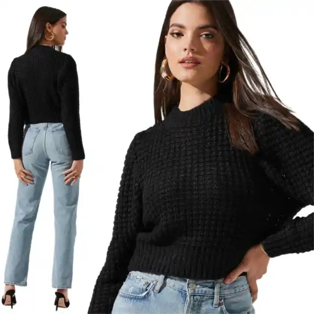 ASTR The Label Kellie Mock Neck Pullover Knit Sweater in Black Size Medium