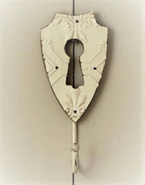 Wall Hook Wooden Antique White distressed key hole lock style wall coat hanger