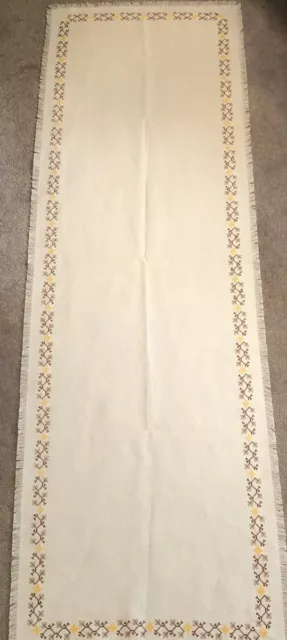 Finished Handmade Table Runner Cross Stitch Dresser Scarf Fringe 56X18 Off White