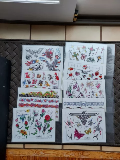 Lote de 9 hojas flash de tatuaje de Cherry Creek de colección águilas crucifijo corazones rosas (9)