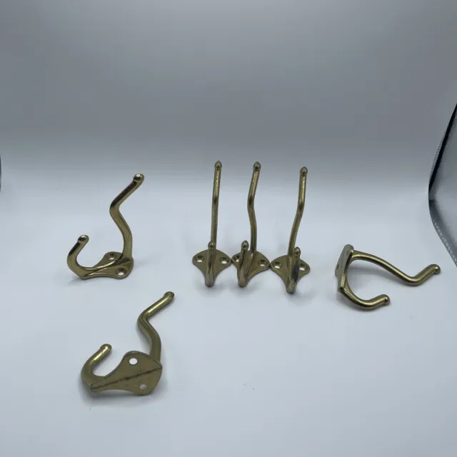 (6) Vintage Brass Double Wall Hook - Coat Hat Clothes Hanger